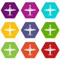 Military plane icon set color hexahedron Royalty Free Stock Photo