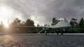 A military predator drone stands on the road and prepares for takeoff. The image is for military, the weapon or spying