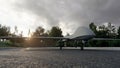 A military predator drone stands on the road and prepares for takeoff. The image is for military, the weapon or spying Royalty Free Stock Photo