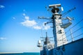 Military radar air surveillance on navy ship Royalty Free Stock Photo