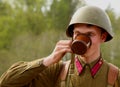 Military re - enactor in Russian soviet uniform world war II. Russian soldier.