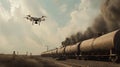 A military reconnaissance UAV flies over a train full of fuel wagons. The sky is overcast and the train is shrouded in smoke. A