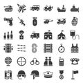 Military related, vehicle and weapons solid icon set Royalty Free Stock Photo