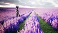 Military robot, cyborg with gun in lavender field. concept of the future. 3d rendering.