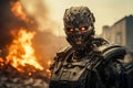 Military robot, portrait of futuristic soldier on fire background