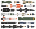 Military rocket weapon. Ballistic weapons, nuclear, aerial bombs, cruise missiles and depth charges vector illustration