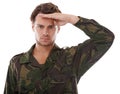 Military, salute and serious with portrait of man in studio for war, conflict and patriotism. Army, surveillance and