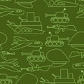 Military seamless pattern. Ship and tank. Auto and aircraft. Arm