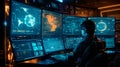 Military Security Control Center with technological computers and communications surveillance screens. Generative Ai Royalty Free Stock Photo