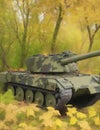 military self-propelled artillery with leaves attached for camouflage illustration