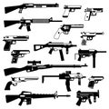 Military set of automatic guns, pistols and other weapons. Monochrome illustrations isolate