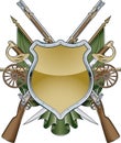 Military shield background with muskets, swords, cannons and banners