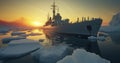 A Military Ship\'s Strategic Manoeuvres Among Icebergs at Sunset