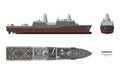 Military ship. Top, front and side view. Battleship 3d model. Industrial isolated drawing of USS boat. Warship Royalty Free Stock Photo
