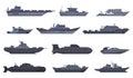 Military ships. Battle combat boats, missile ship, security boats, modern warships and submarine, army weapon