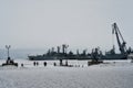 Military ships exhibition in the frozen bay of Kronstadt