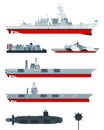 Military ships vector flat icons. Different types of naval combat ships set, military boats, ships.