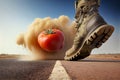 Military Shoe is crushing a tomato