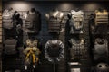 Military shop display featuring tactical vests and helmets. Generative AI