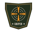 Military sniper patch emblem with crosshair and star on shield design. Army and sharpshooter badge logo vector