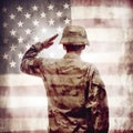 A military soldier in camouflage saluting double exposed over an American flag - generative ai Royalty Free Stock Photo