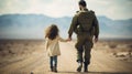 A military soldier and a little girl are walking down a dirt road in the middle of the desert