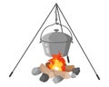 Military soldier metal camping pot or mess kit on fire with tripod for cooking. Touristic equipment for camping