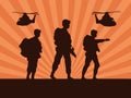 Military soldiers with guns and helicopter silhouettes sunset scene