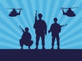 Military soldiers with guns and helicopters silhouettes in blue background Royalty Free Stock Photo