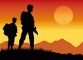 Military soldiers silhouettes figures in the camp sunset scene