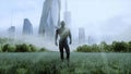 Military space soldiers of the future on a green meadow against the backdrop of a futuristic city. 3d rendering.