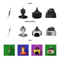 Military spear, Mongolian warrior, helmet, building.Mongolia set collection icons in black, flat, monochrome style