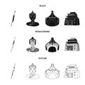 Military spear, Mongolian warrior, helmet, building.Mongolia set collection icons in black,monochrome,outline style