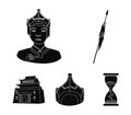 Military spear, Mongolian warrior, helmet, building.Mongolia set collection icons in black style vector symbol stock