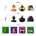 Military spear, Mongolian warrior, helmet, building.Mongolia set collection icons in cartoon,black,flat style vector