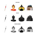 Military spear, Mongolian warrior, helmet, building.Mongolia set collection icons in cartoon,black,monochrome style