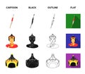 Military spear, Mongolian warrior, helmet, building.Mongolia set collection icons in cartoon,black,outline,flat style