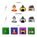 Military spear, Mongolian warrior, helmet, building.Mongolia set collection icons in cartoon,flat,monochrome style