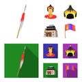 Military spear, Mongolian warrior, helmet, building.Mongolia set collection icons in cartoon,flat style vector symbol