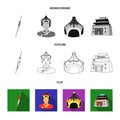 Military spear, Mongolian warrior, helmet, building.Mongolia set collection icons in flat,outline,monochrome style