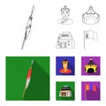 Military spear, Mongolian warrior, helmet, building.Mongolia set collection icons in outline,flat style vector symbol