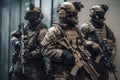 A military special force with futuristic tactical gear and weapons. Modern warfare infantry troops with assault rifles and