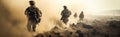 Military Special Forces soldiers cross a devastated war zone through fire and smoke in the desert, a broad poster design. Royalty Free Stock Photo