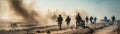 Military Special Forces soldiers cross a devastated war zone through fire and smoke in the desert, a broad poster design. Royalty Free Stock Photo