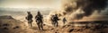 Military Special Forces soldiers cross a devastated war zone through fire and smoke in the desert, a broad poster design. Royalty Free Stock Photo