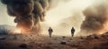 military special forces soldiers crosses destroyed warzone through fire and