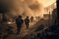 Military special forces soldiers are depicted crossing through a destroyed warzone amid fire and smoke. Generative AI