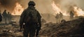 Military special forces soldiers are depicted crossing through a destroyed warzone amid fire and smoke. Generative AI