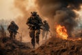 Military special forces soldiers are depicted crossing through a destroyed warzone amid fire and smoke. Generative AI