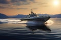 military speedboat crossing a calm, shimmering sea